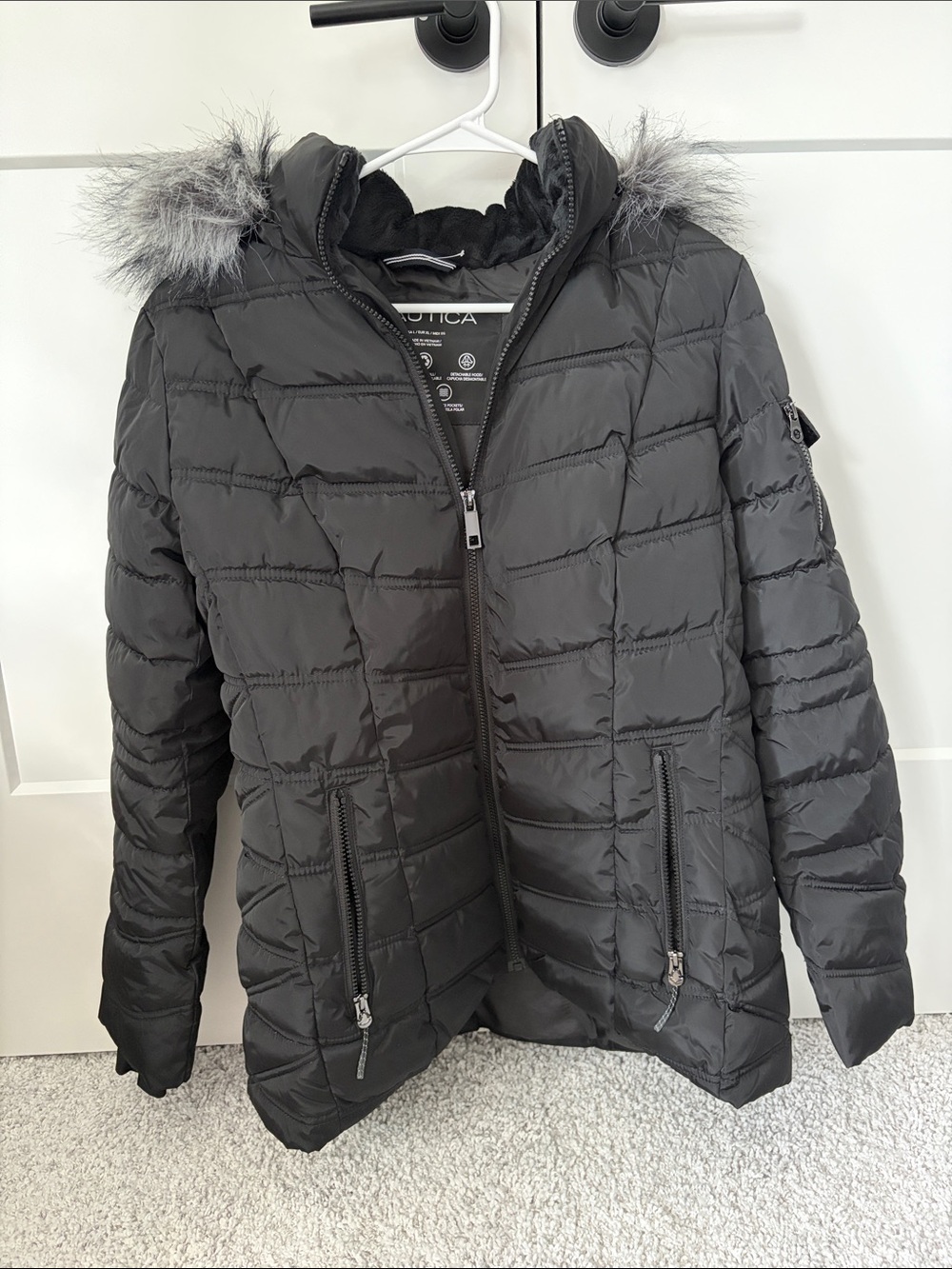 Nautica Black Quilted Puffer Jacket with Faux-Fur Trim Hood